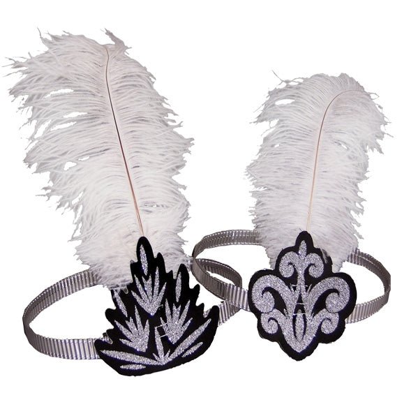 Flapper Headband - Black and Silver with White Feather - The Beistle Company