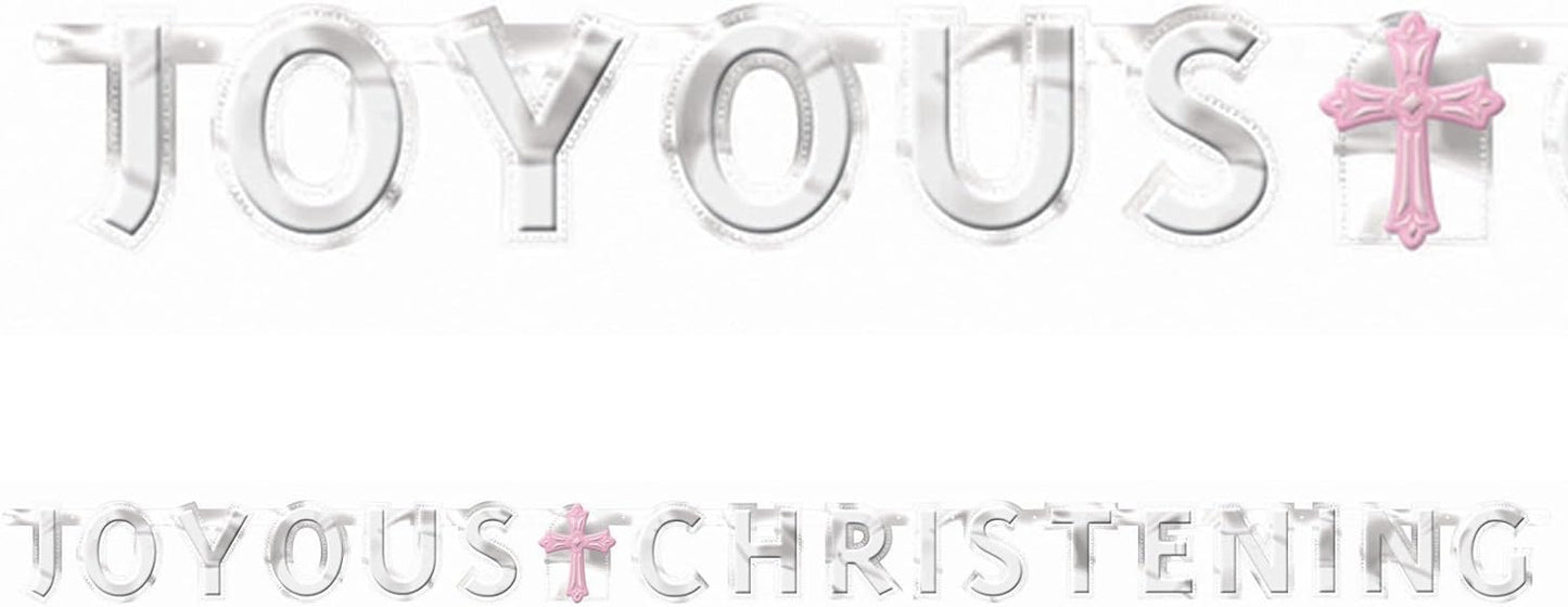 Joyous Christening Foil Customizable Pink Or Blue Cross Letter Banner 5.5ft - Amscan