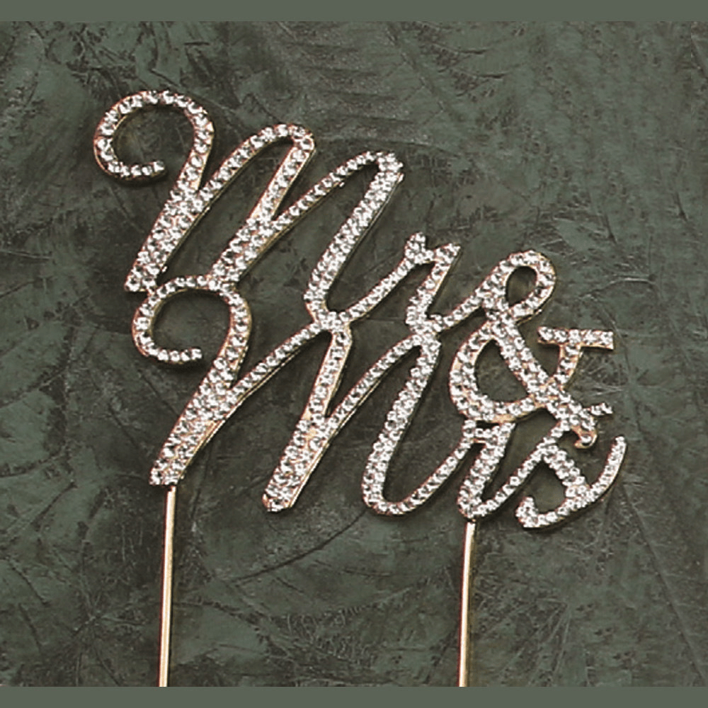 NST Mr. & Mrs. Rhinestone Gold Cake Topper 4.5″ W x 3.5″ H