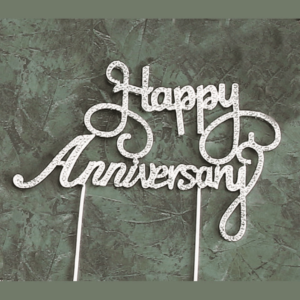 NST Party Supplies Happy Anniversary Rhinestone Silver Cake Topper 6.75″Wx5″H