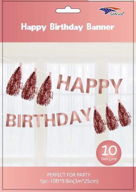 SoNice Party Supplies Rose Gold Happy Birthday Banner with Tassels