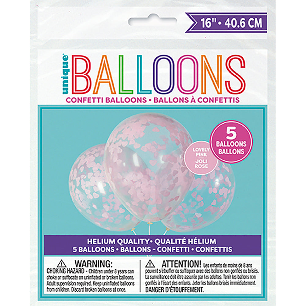 Clear Balloons With Pink Heart Tissue Confetti 16″ Latex Balloons (5 count)