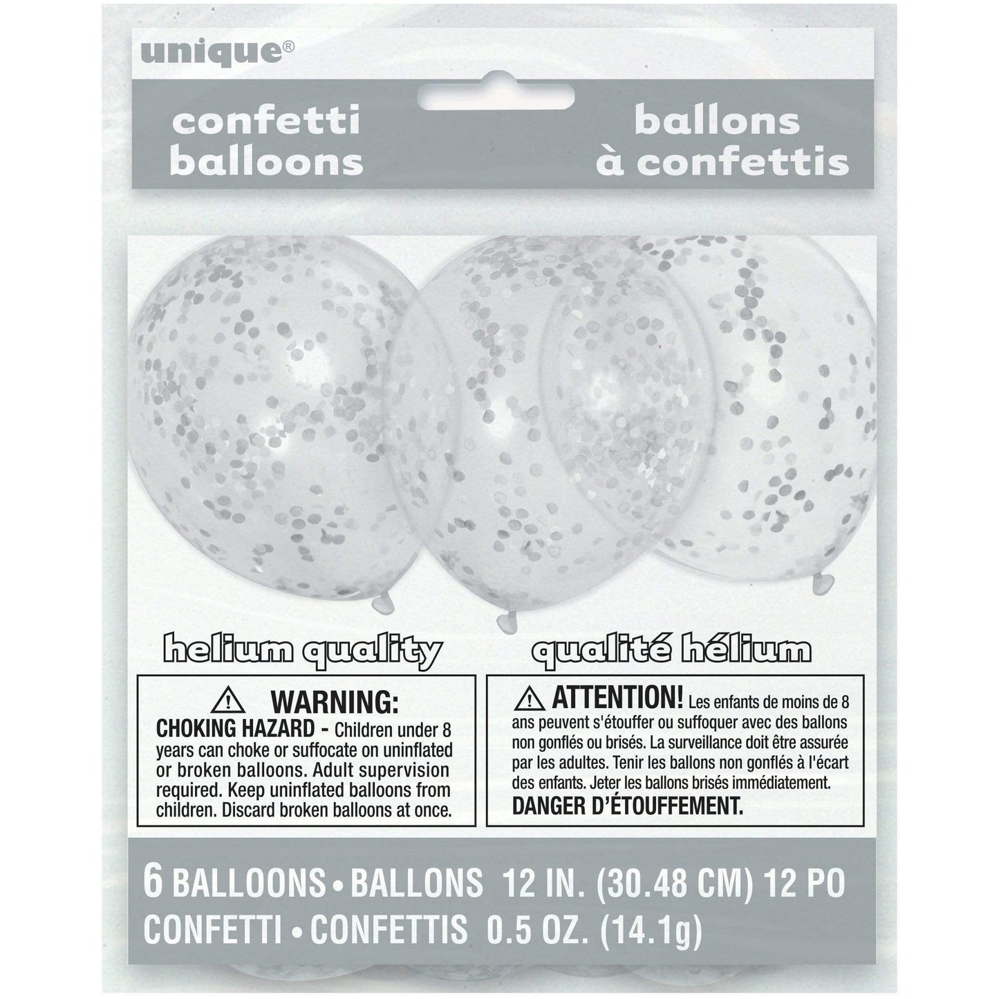 Unique Latex Clear Latex Balloons with Silver Confetti — 12" Latex (pack of 6)