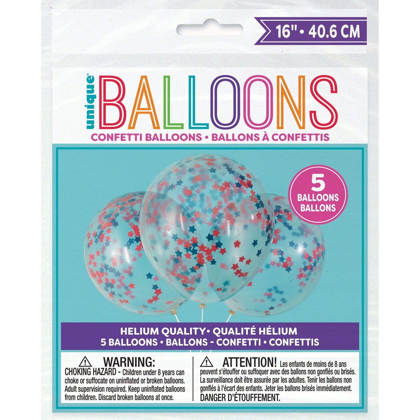 Unique Latex Clear with Red White Blue Star Confetti 16″ Latex Balloons (5 count)