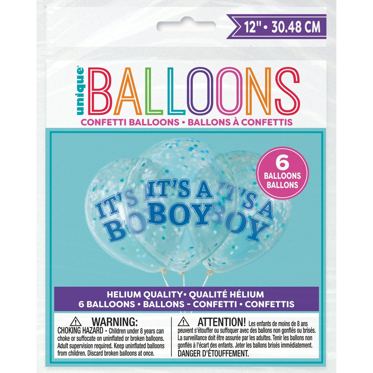 Unique Latex It's A Boy Clear Prefilled Balloons with Blue Confetti — 12" Latex (pack of 6)