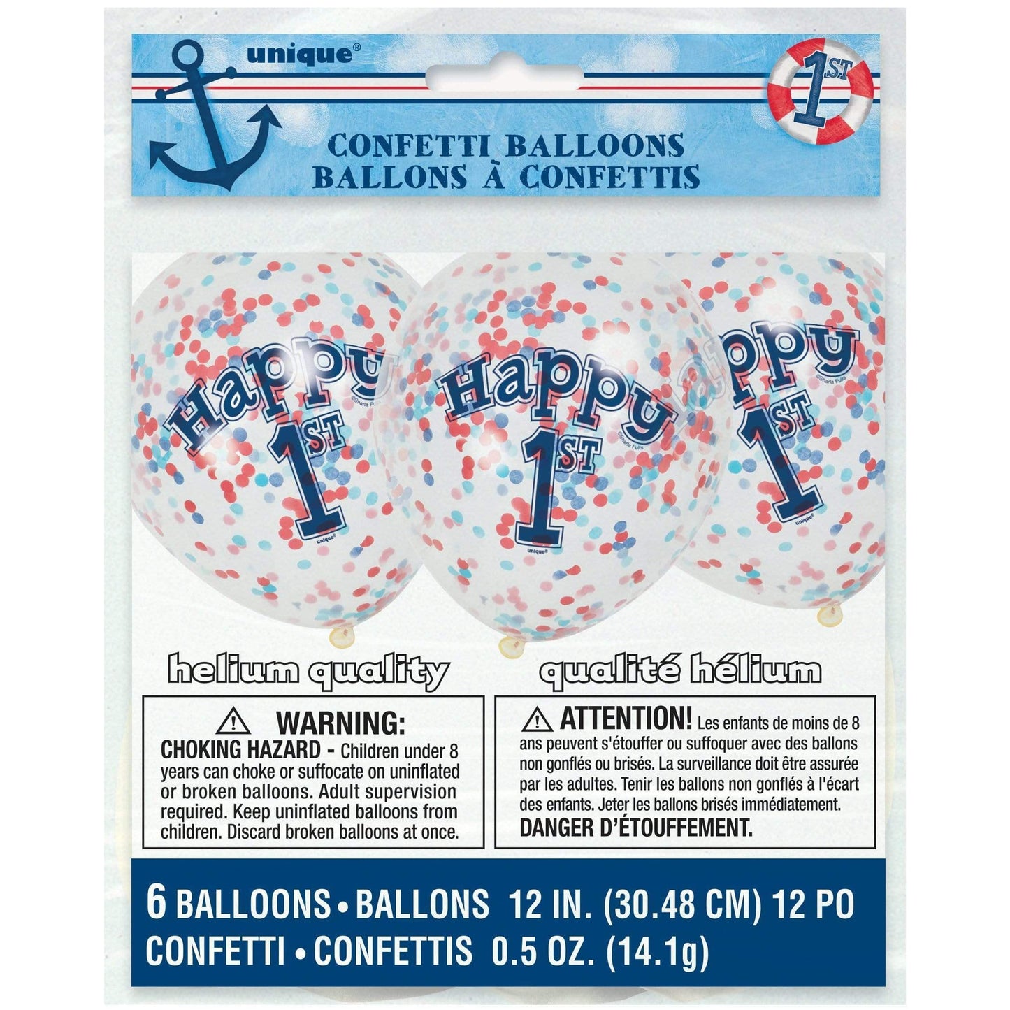 Unique Latex Little Sailor Nautical First Birthday Clear Latex Balloons with Confetti — 12" Latex (pack of 6)