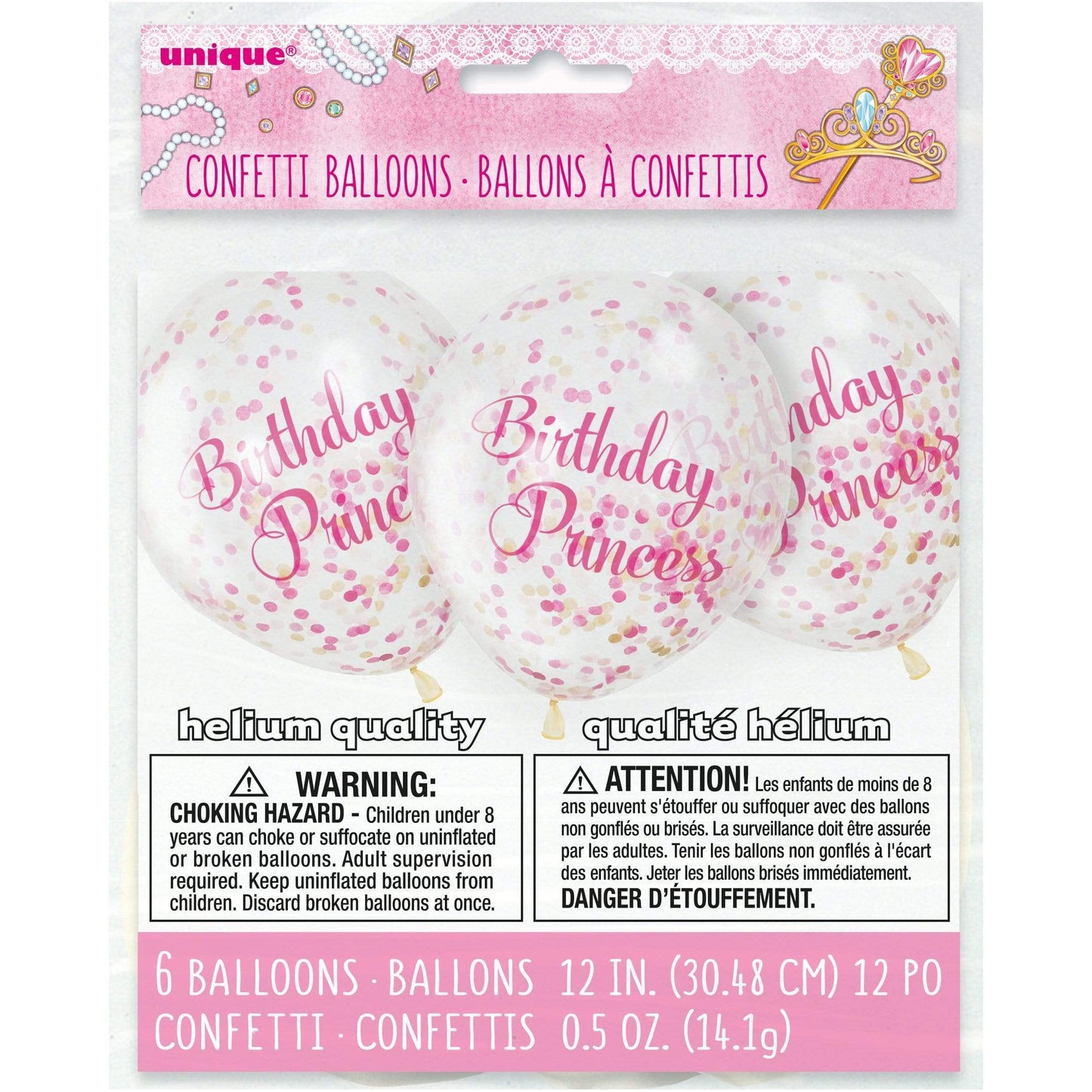 Unique Latex Pink Birthday Princess Clear Latex Balloons Unfilled with Confetti — 12" Latex (pack of 6)