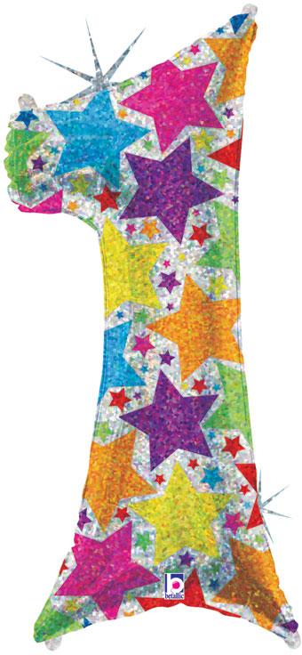Betallic Mylar & Foil 1 40" Giant Number Balloons with Holographic Multi-Color Stars