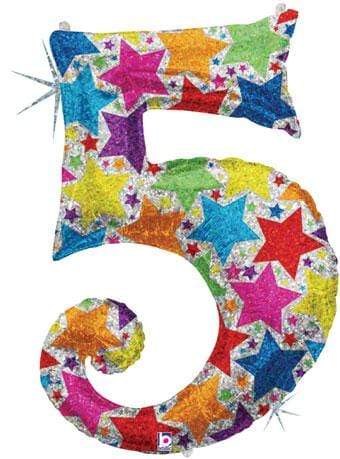 Betallic Mylar & Foil 5 40" Giant Number Balloons with Holographic Multi-Color Stars