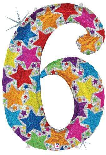 Betallic Mylar & Foil 6 40" Giant Number Balloons with Holographic Multi-Color Stars
