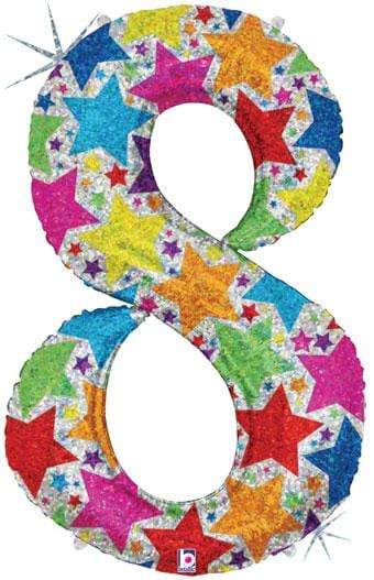Betallic Mylar & Foil 8 40" Giant Number Balloons with Holographic Multi-Color Stars