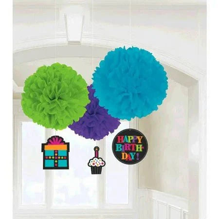 Fluffy Decorations - Colorful Happy Birthday (3ct) - Amscan