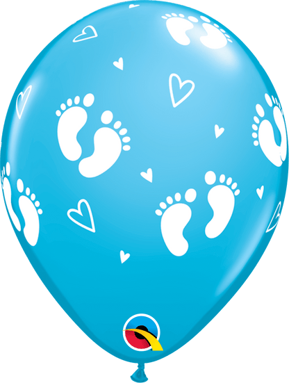 Qualatex Robin's Egg Blue Baby Footprints & Hearts 11″ Latex Balloons (50)