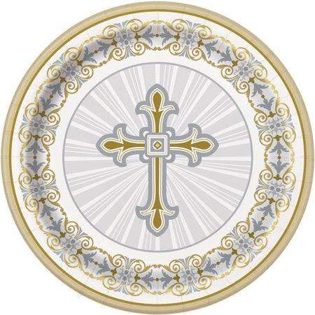 9" Paper Plates - Radiant Cross Religious Gold & Silver (8ct) - Unique