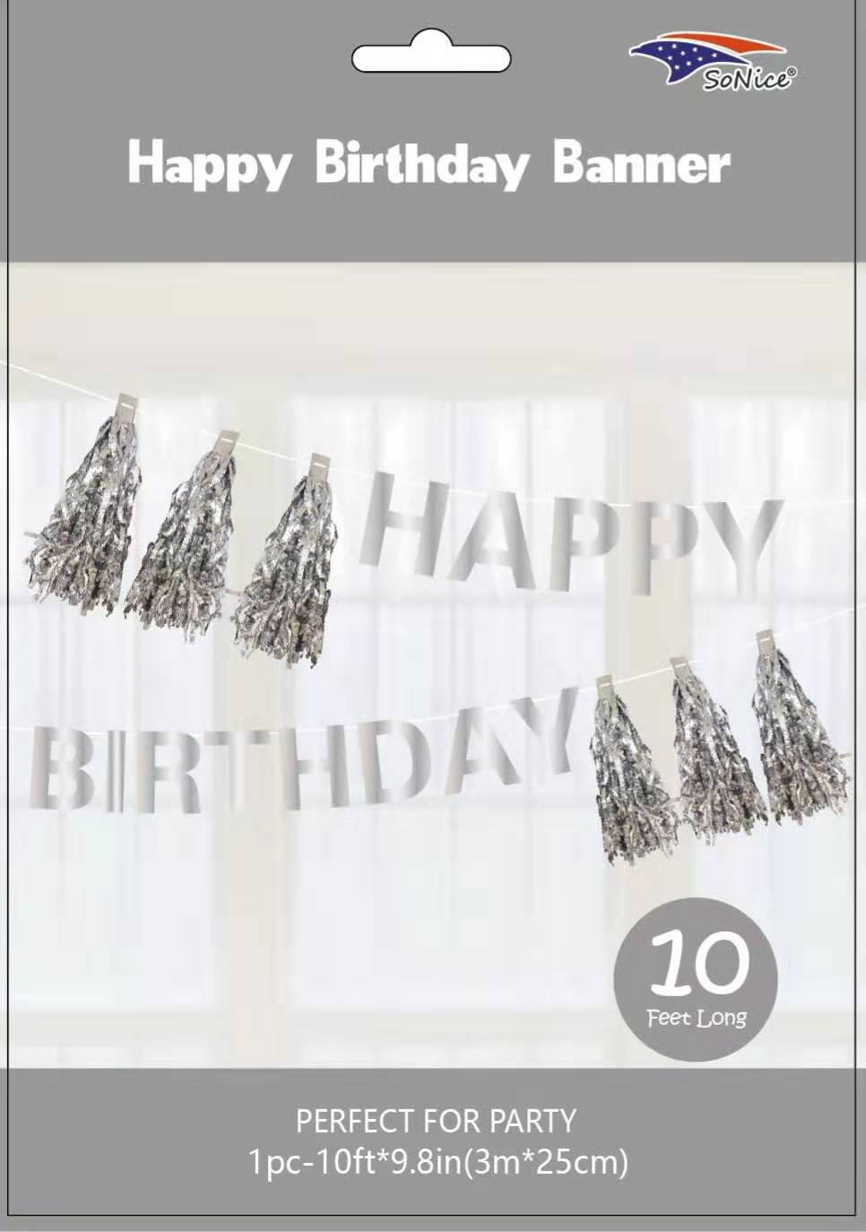 SoNice Happy Birthday Silver Tassel Banner