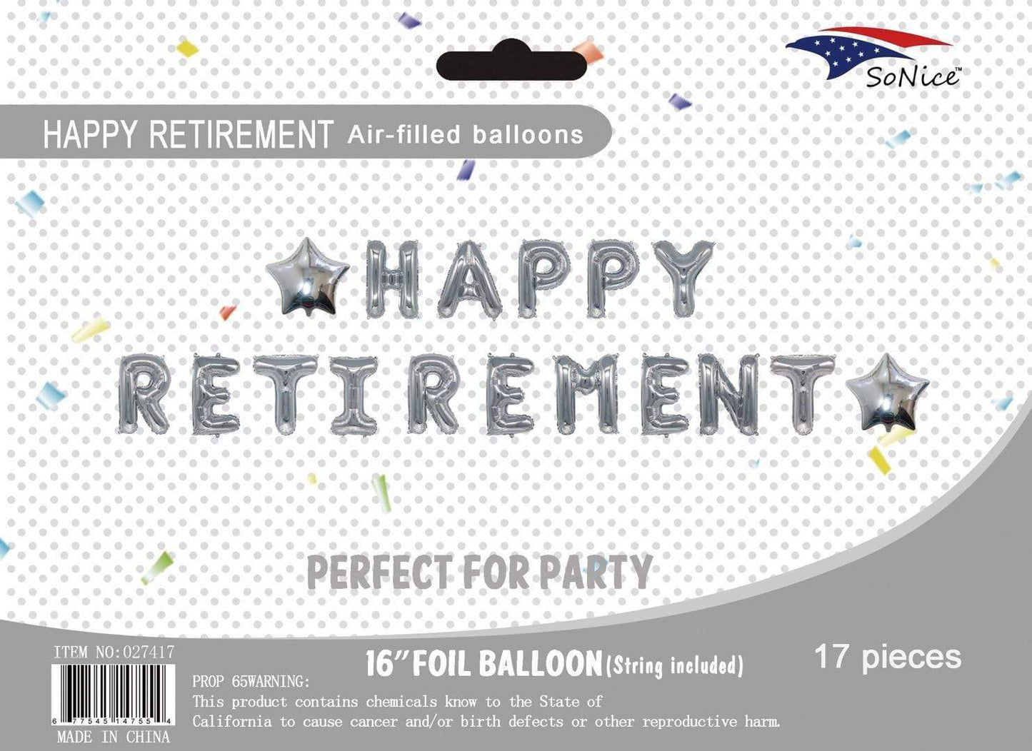 SoNice Mylar & Foil Happy Retirement 16″ Silver Balloon Banner Kit