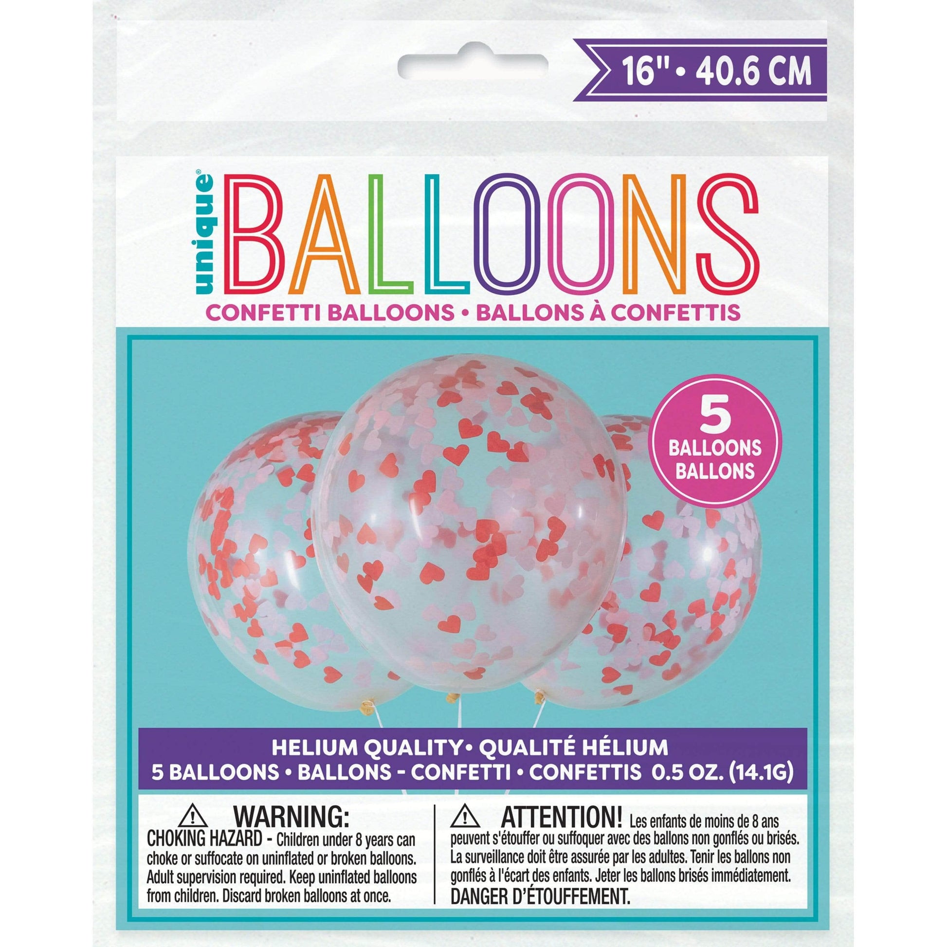 Unique Latex 16" Clear Latex Balloons Prefilled with Heart Shape Confetti (5)