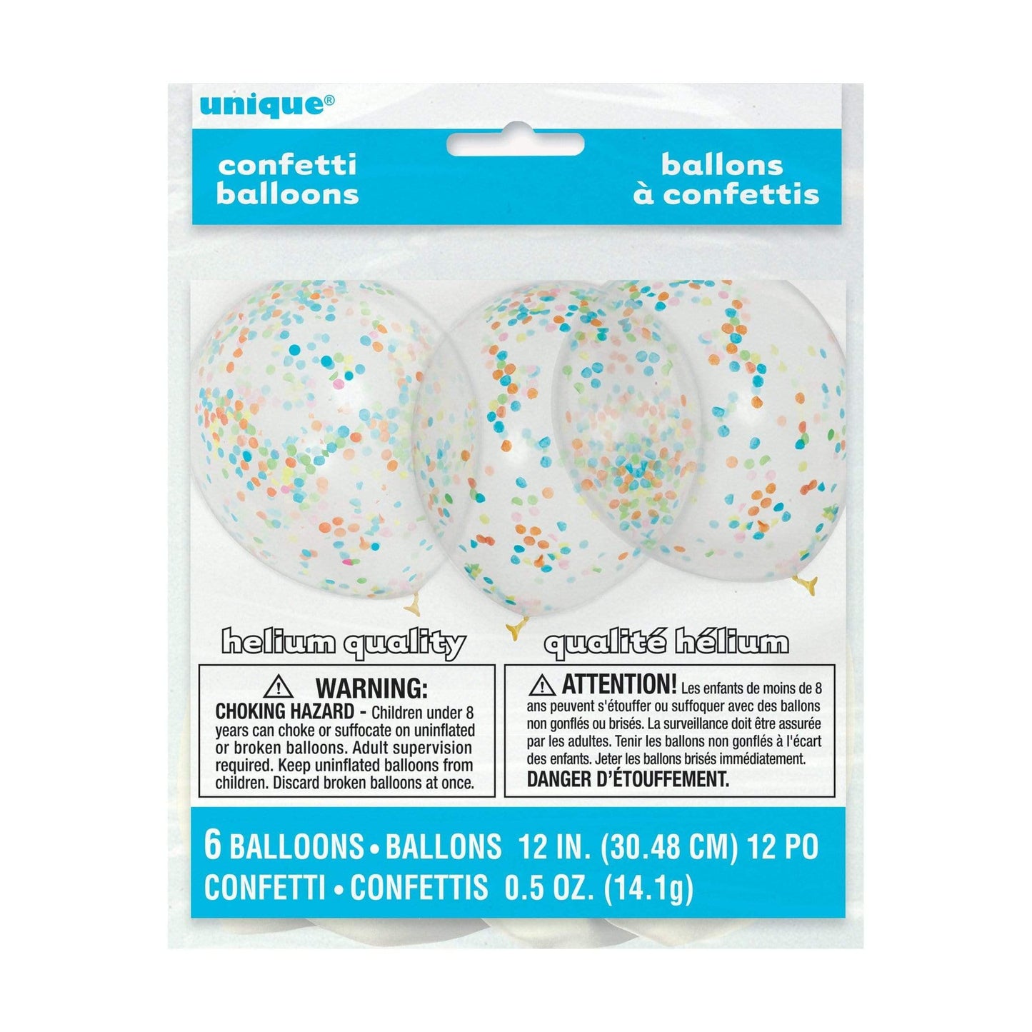 Unique Latex Clear 12" Latex Balloons with Confetti (6 count)