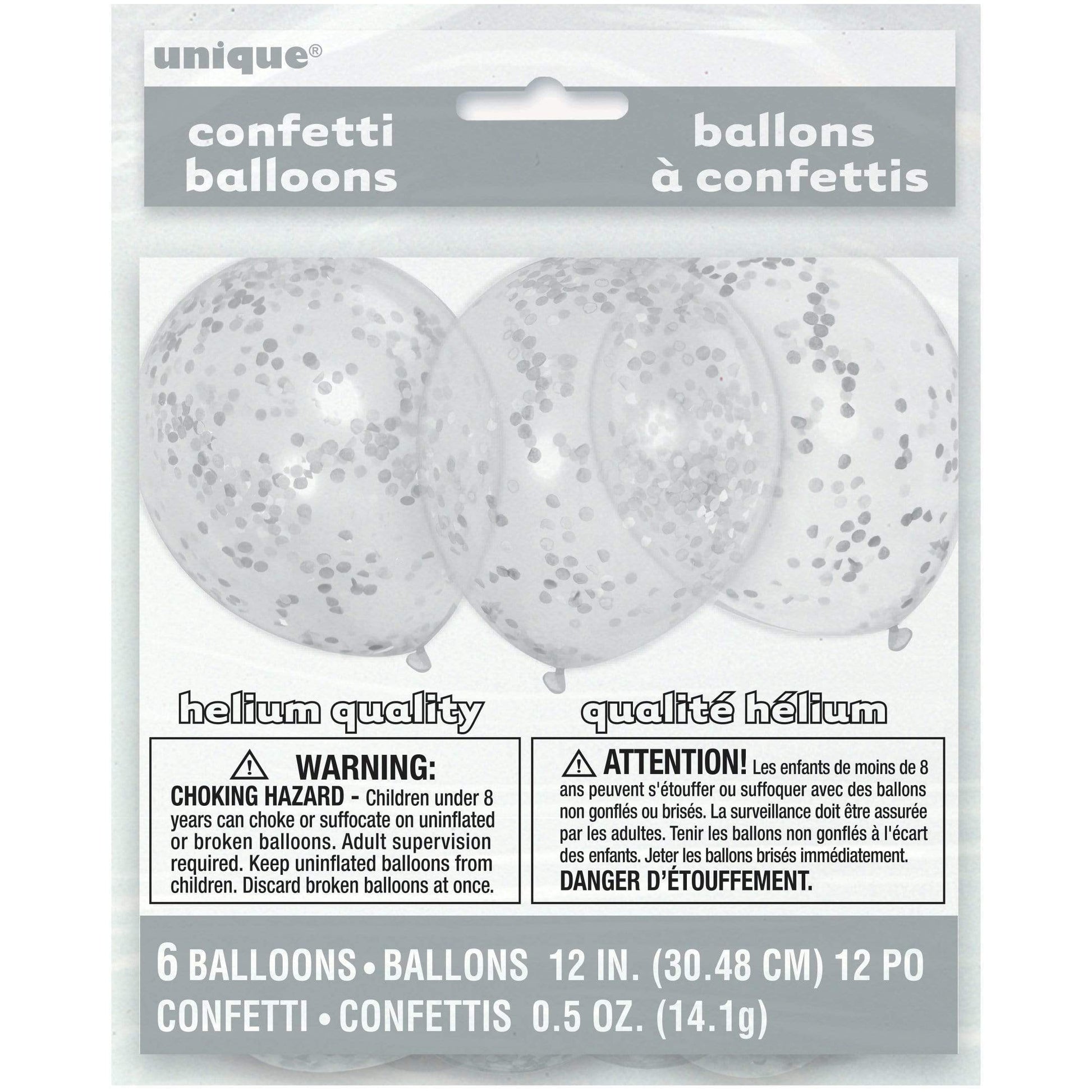 Unique Latex Clear Latex Balloons with Silver Confetti — 12" Latex (pack of 6)