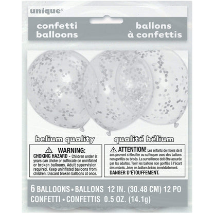 Unique Latex Clear Latex Balloons with Silver Confetti — 12" Latex (pack of 6)