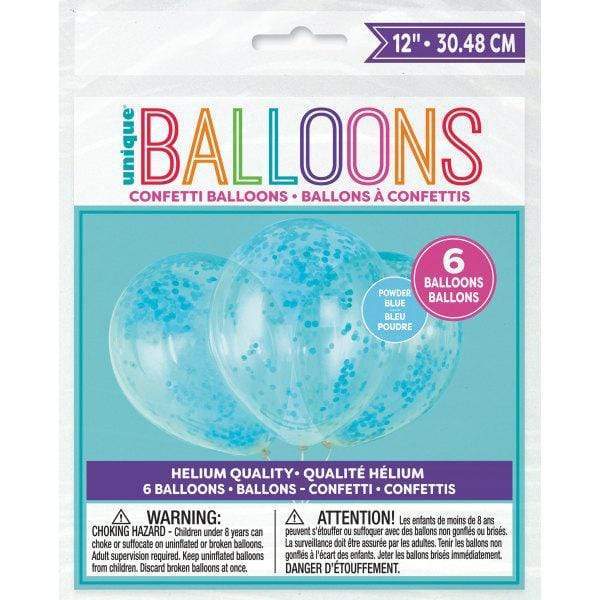 Unique Latex Clear Latex Prefilled Balloons with Powder Blue Confetti 12″ (6)