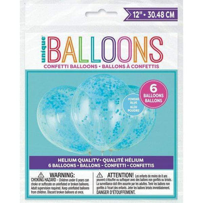 Unique Latex Clear Latex Prefilled Balloons with Powder Blue Confetti 12″ (6)