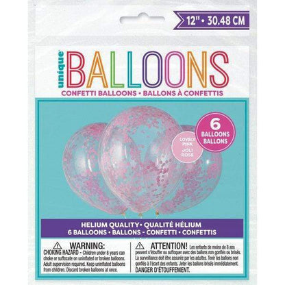 Unique Latex Clear with Lovely Pink Confetti 12″ Latex Balloons (6 count)