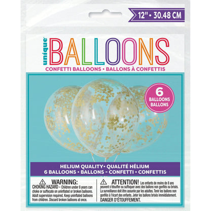 Unique Latex Gold Clear Balloons Prefilled with Confetti — 12" Latex (pack of 6)