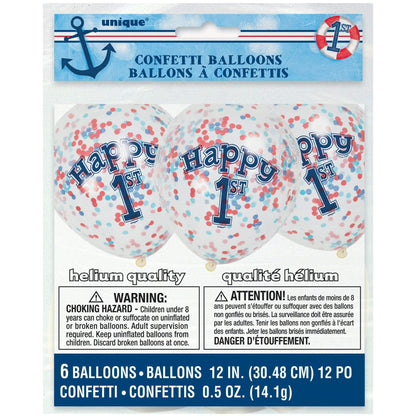 Unique Latex Little Sailor Nautical First Birthday Clear Latex Balloons with Confetti — 12" Latex (pack of 6)