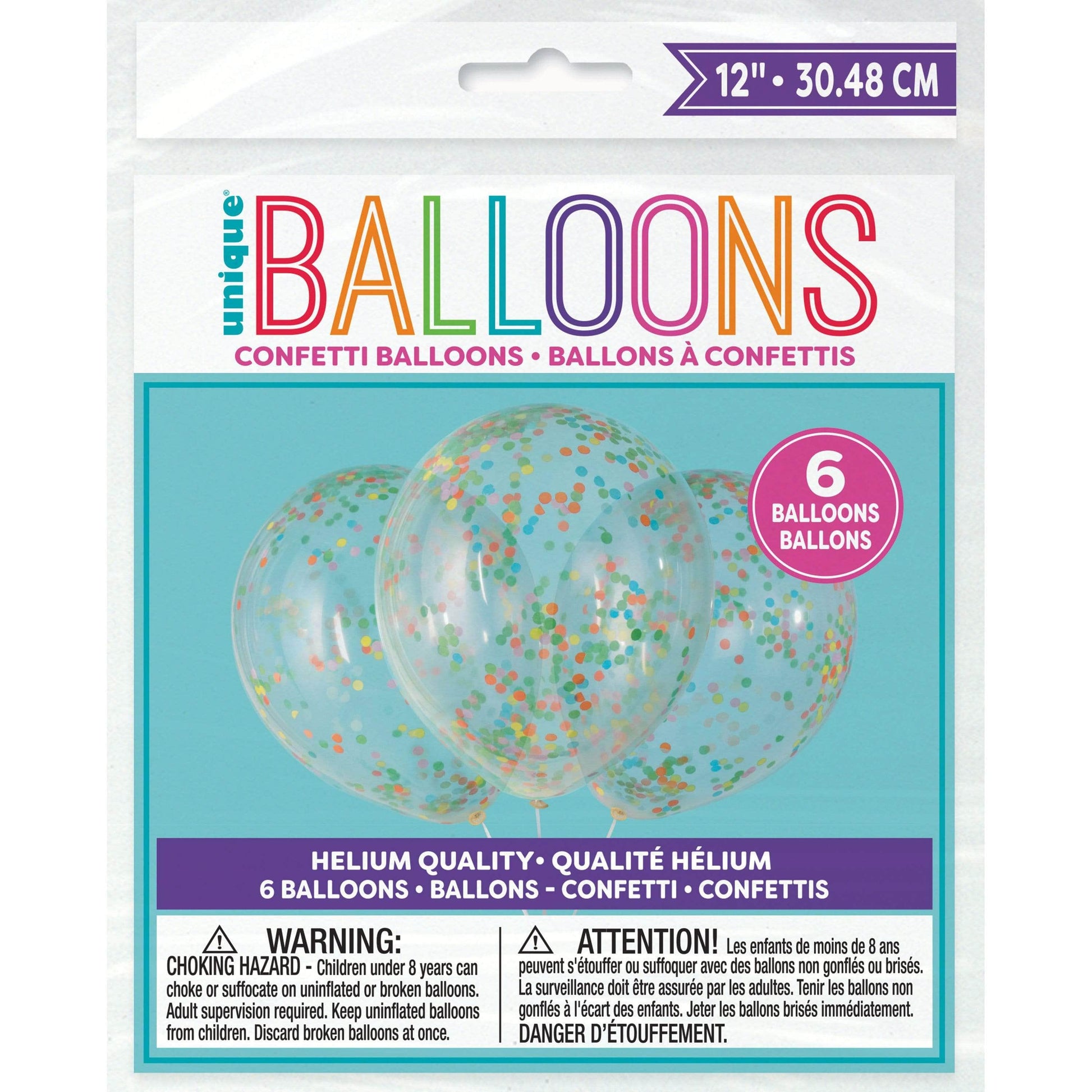 Unique Latex Multi-Color Clear Balloons Prefilled with Confetti — 12" Latex (pack of 6)