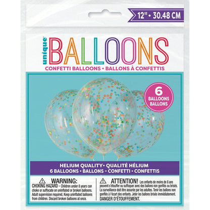 Unique Latex Multi-Color Clear Balloons Prefilled with Confetti — 12" Latex (pack of 6)