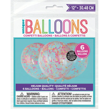 Unique Latex Neon Clear Balloons Prefilled with Confetti — 12" Latex (pack of 6)
