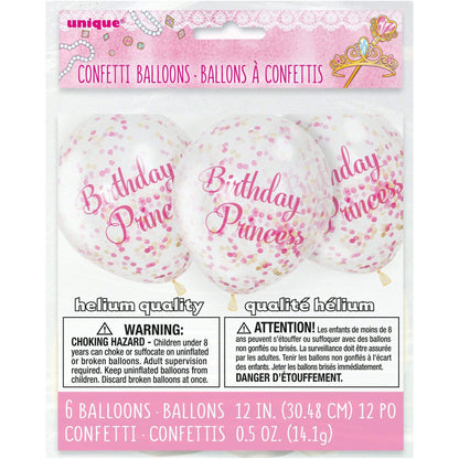 Unique Latex Pink Birthday Princess Clear Latex Balloons Unfilled with Confetti — 12" Latex (pack of 6)