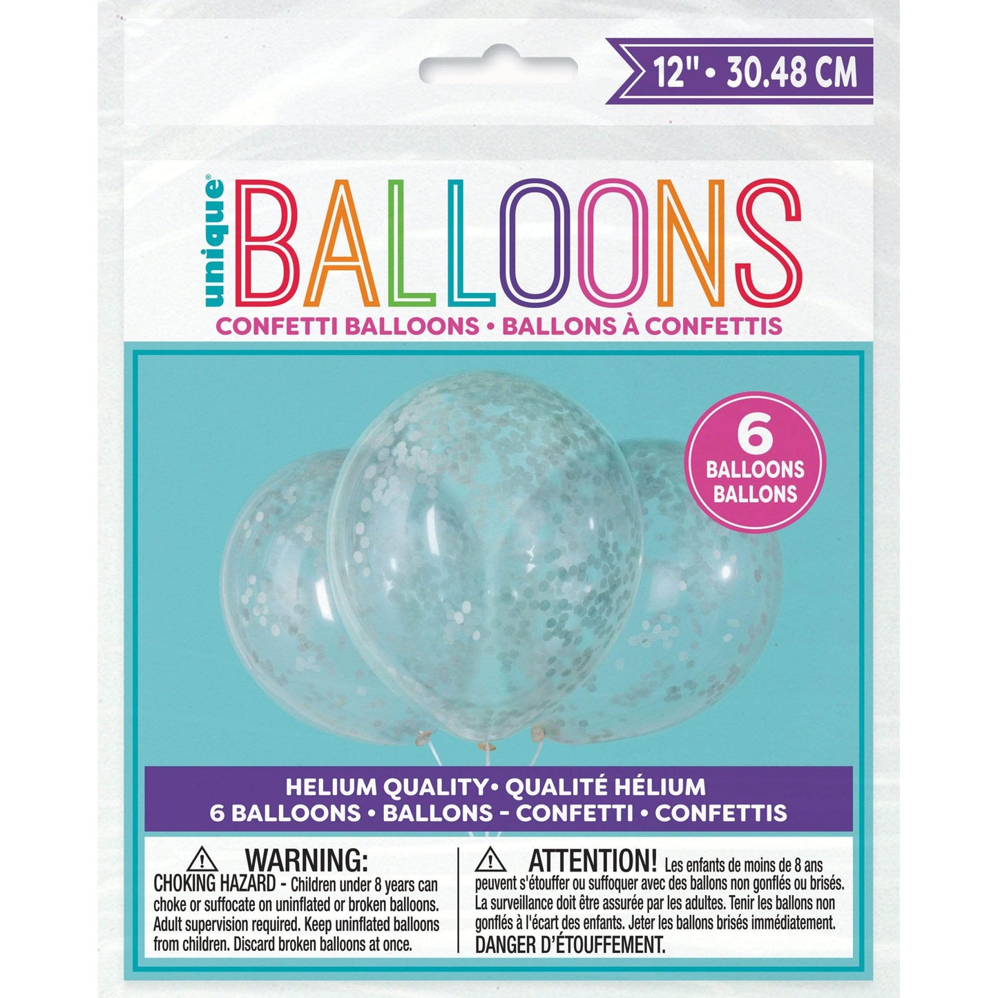 Unique Latex Silver Clear Balloons Prefilled with Confetti — 12" Latex (pack of 6)