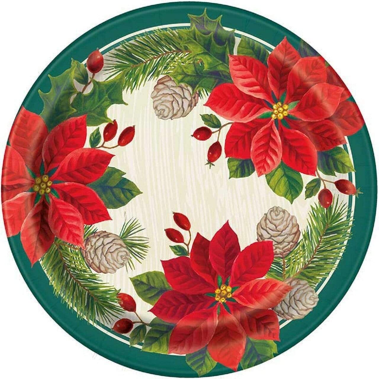 Unique Partly Supplies Red & Green Poinsettia Christmas Plates 9″ (8 count)